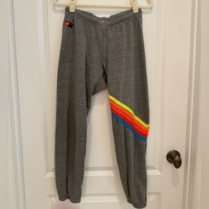 Aviator Nation 5 Stripe Heather Charcoal Grey Rainbow Logo Size XS
